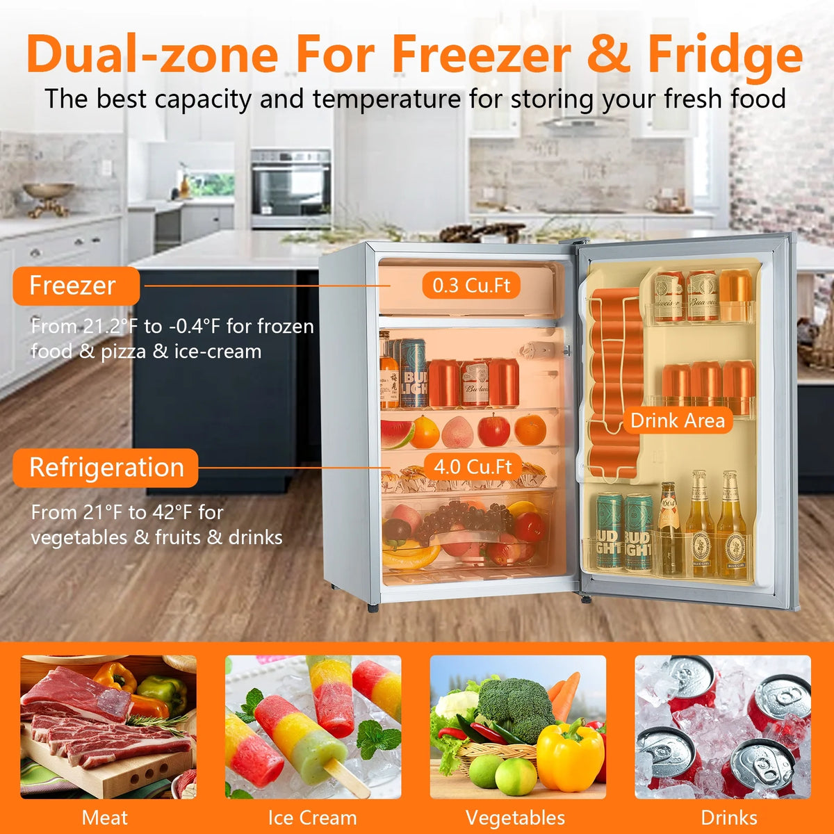 4.3 Cu.Ft Mini Fridge With Freezer, Single Door Mini Fridge w/7 Settings Temperature Adjustable, Mini Refrigerator for Apartment, Bedroom, Office, Dorm, Grey