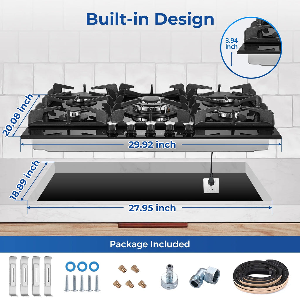 Amzgachfktch Gas Cooktop 30 Inch 5 Burners Stove Top Built-in NG/LPG Convertible with Thermocouple Protection