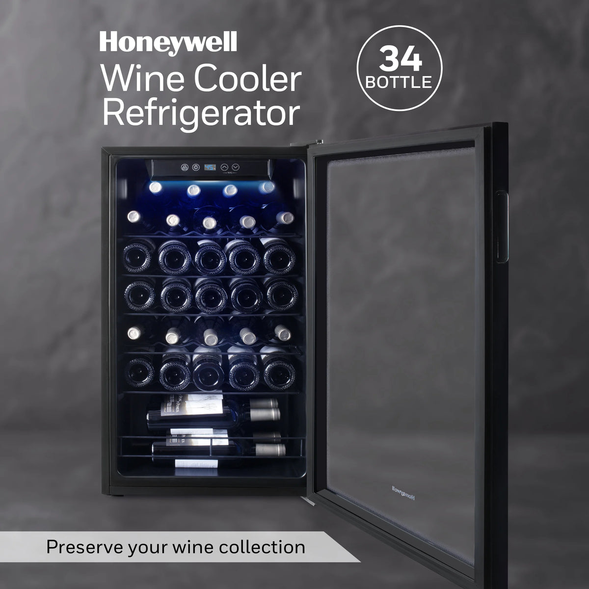 Honeywell 34 Bottle Compressor Wine Cooler, Large Freestanding Wine Cellar for Red, White, Champagne, Digital Temperature Control, Stainless Steel