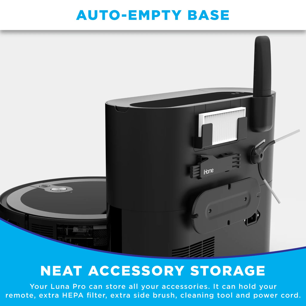 iHome AutoVac Luna Pro New 3-in-1 Robot Vacuum and Vibrating Mop with Auto Empty Base, Self-Emptying, Smart Mapping, Wi-Fi Connected, LIDAR Navigation, Mop Combo, Pet Hair, Hard Floor, Carpet