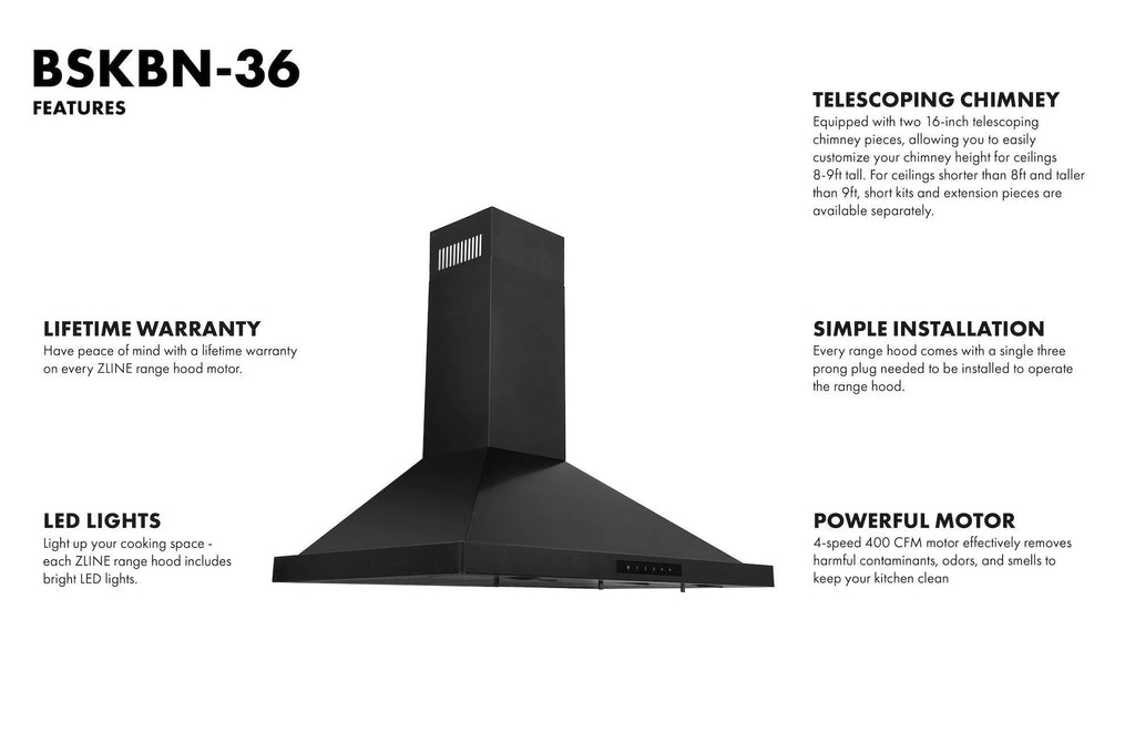 ZLINE 36 in. Wall Mount Range Hood in Black Stainless Steel (BSKBN-36)