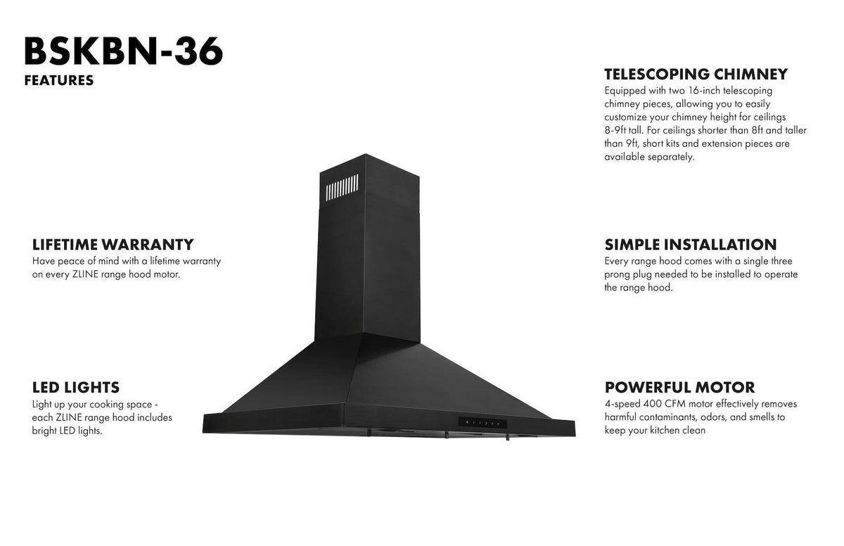 ZLINE 36 in. Wall Mount Range Hood in Black Stainless Steel (BSKBN-36)