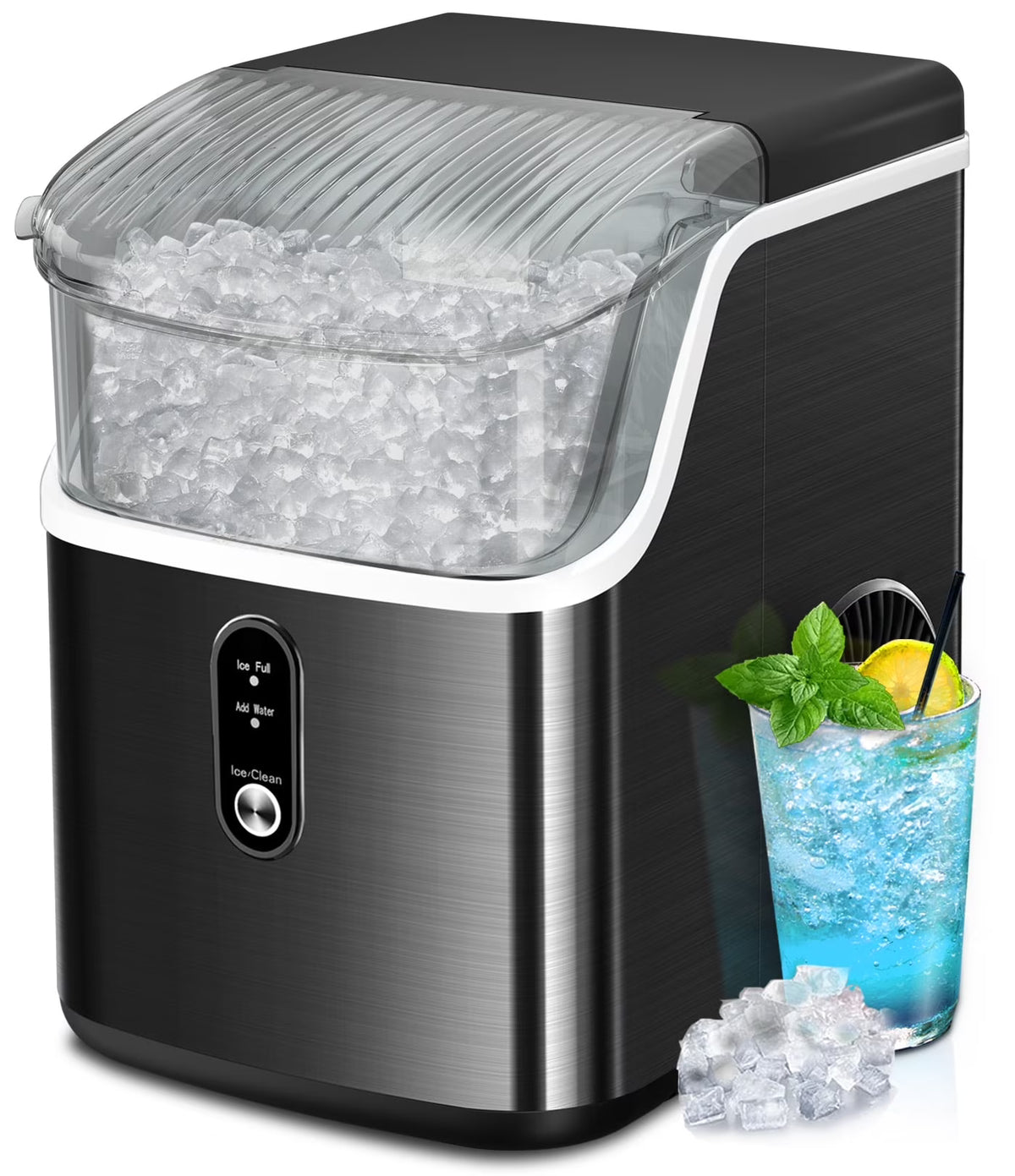 LHRIVER Nugget Countertop Ice Maker with Soft Chewable Ice, 35Lbs/24H, Self-Cleaning, Ice Scoop,Stainless Steel Silver