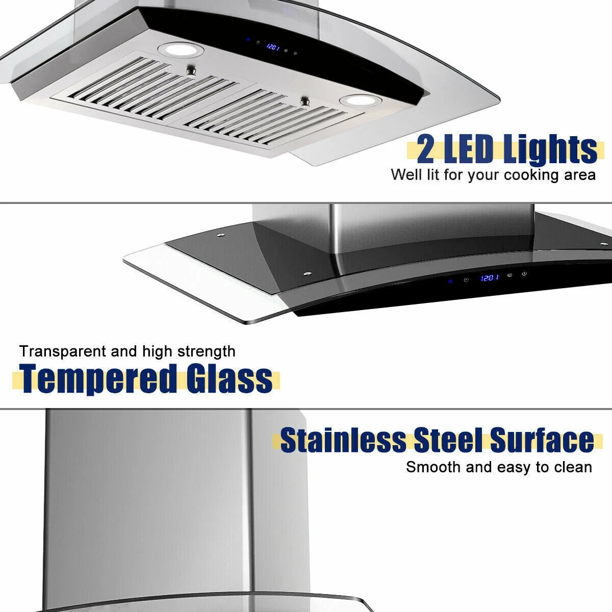 Tieasy 30 inch Wall Mount Range Hood Stainless Steel 700 CFM Black Touch Panel Kitchen Vent Fan