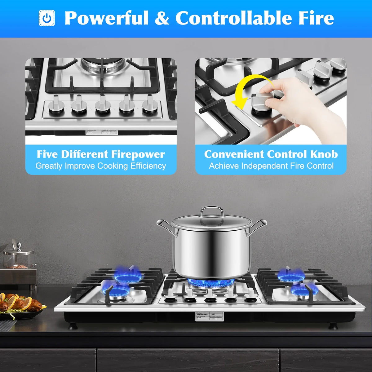 Stainless Steel 5-Burner Stove, Top Built-In Gas Propane Cooktop Stove for Restaurants