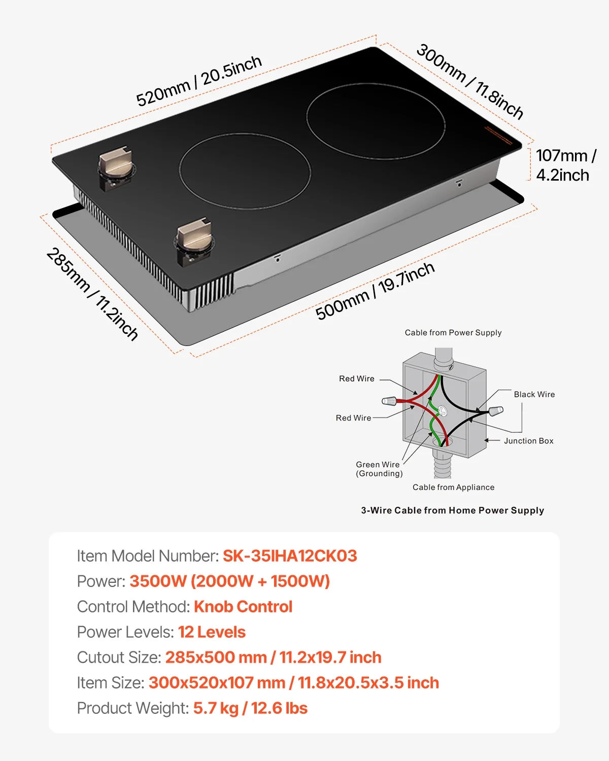 KFFKFF 2 Burner Built-in Electric Cooktop, 3500W Electric Ranges with 12 Heat Levels, Glass Top, Automatic Power-Off, Regulated by Knobs