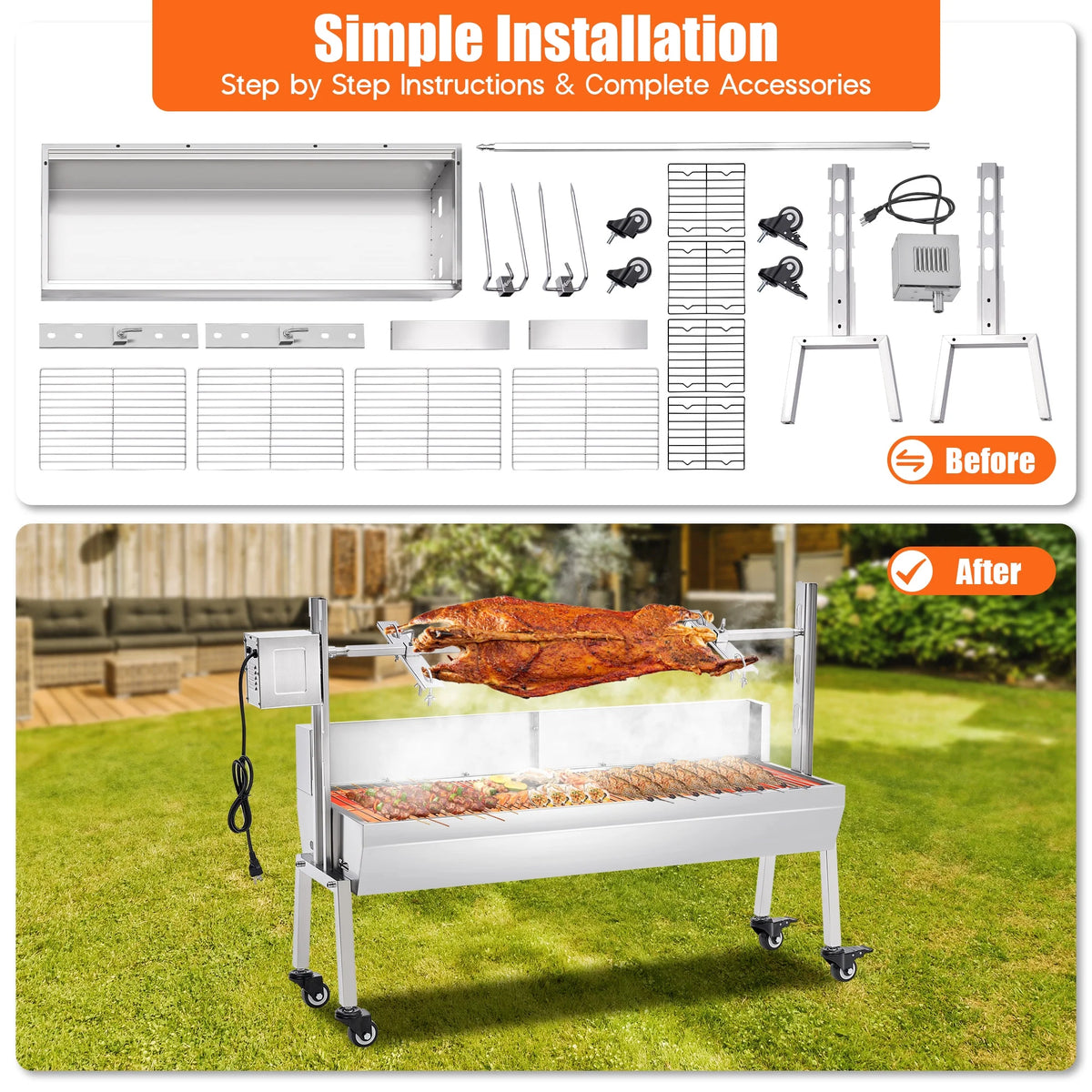 LUXOAK Electric BBQ Rotisserie Grill Kit, 46" 132 Lbs Capacity, 45W Motor, Height-Adjustable Stainless Steel Pig Roaster with Triangular Stability Support Stand for Pig Lamb
