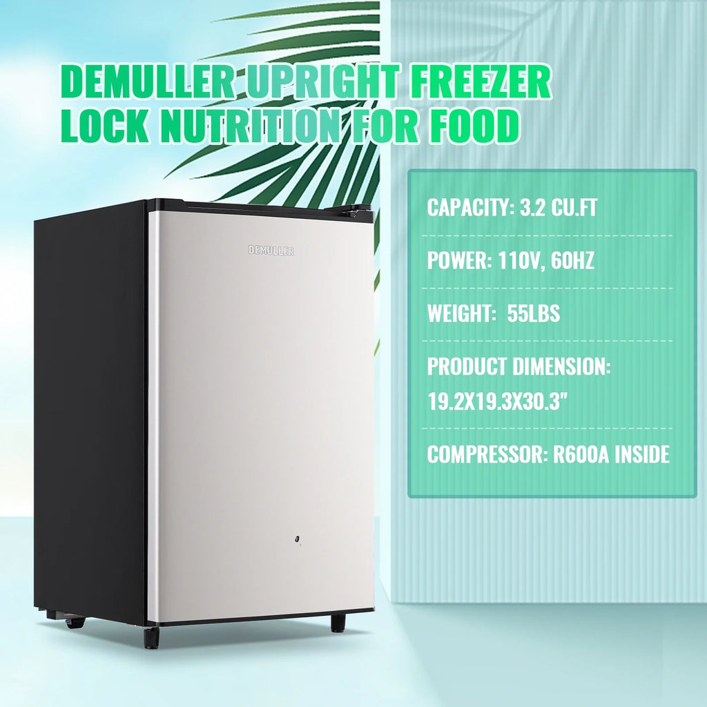 Demuller Upright Freezer 3.2 Cu.ft Freezer 7-speed Temperature Control Fix Shelves Black New