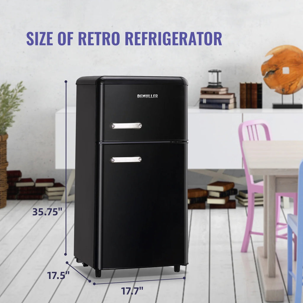 DEMULLER Mini Fridge with Freezer Compact Retro Refrigerator Dual Door Black-YX-100 19 inches Wide