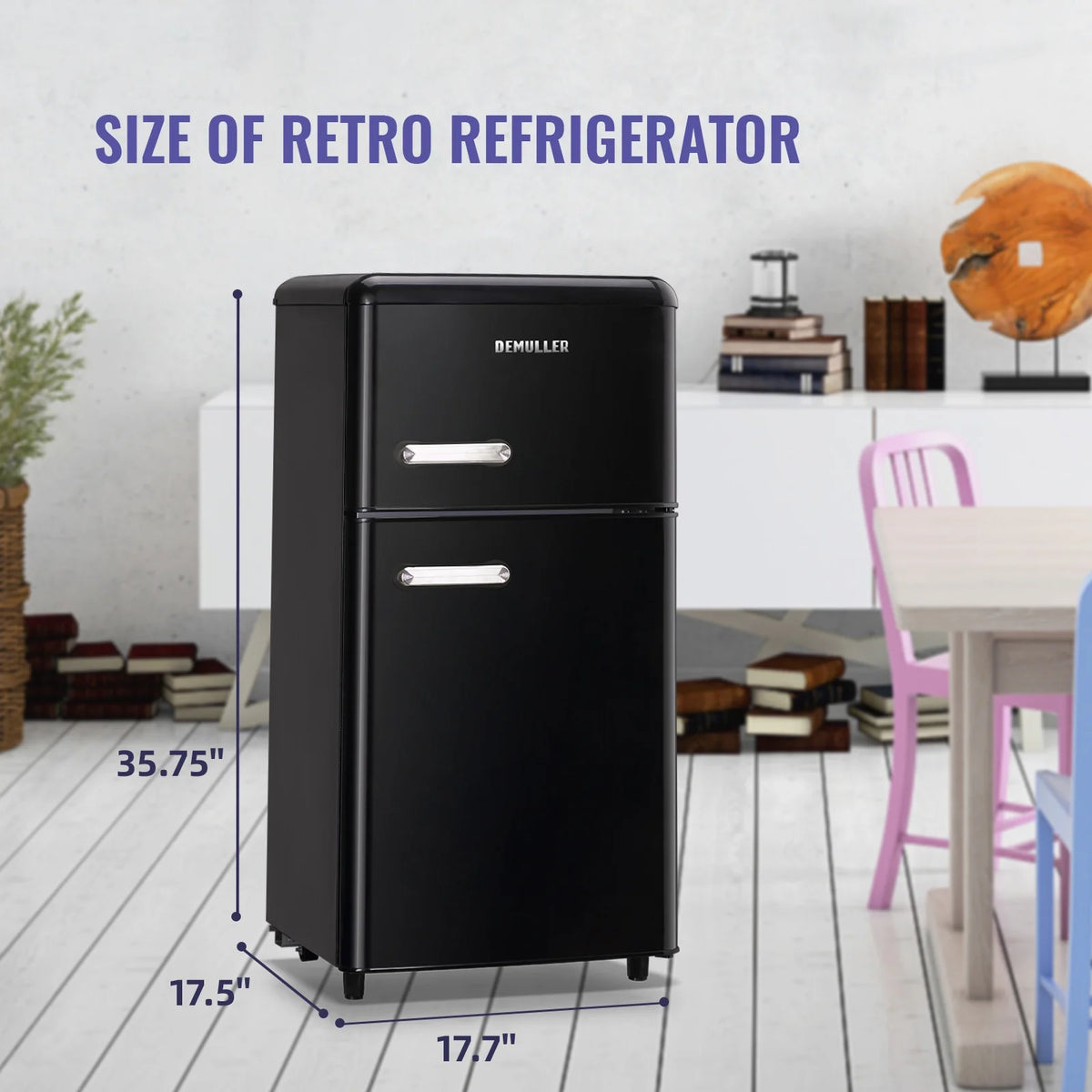 DEMULLER Mini Fridge with Freezer Compact Retro Refrigerator Dual Door Black-YX-100 19 inches Wide
