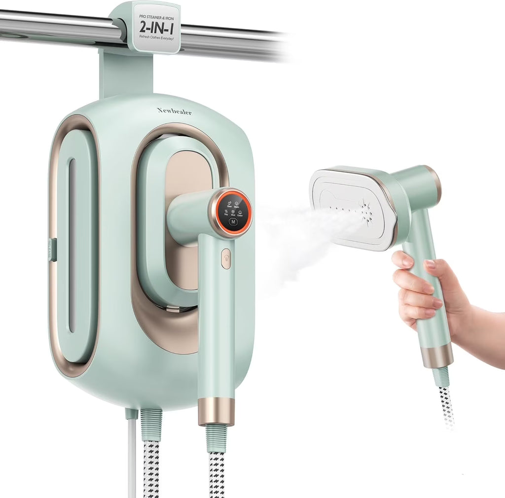 Newbealer Steamer for Clothes,2-in-1 1550W Turbocharged Garment Steamer & Iron ,3 Levels Smart Control Steaming,1.2L Detachable Tank,Auto Shut-Off,Self-Cleaning,Innovative Storage: Hang or Wall Mount