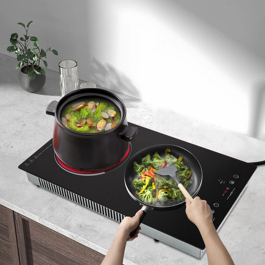 Home Electric 110V Ceramic Stove Cooktop Sensor Touch Control 2 Burners with Plug,Black,20.08x11.34in,Modern Style