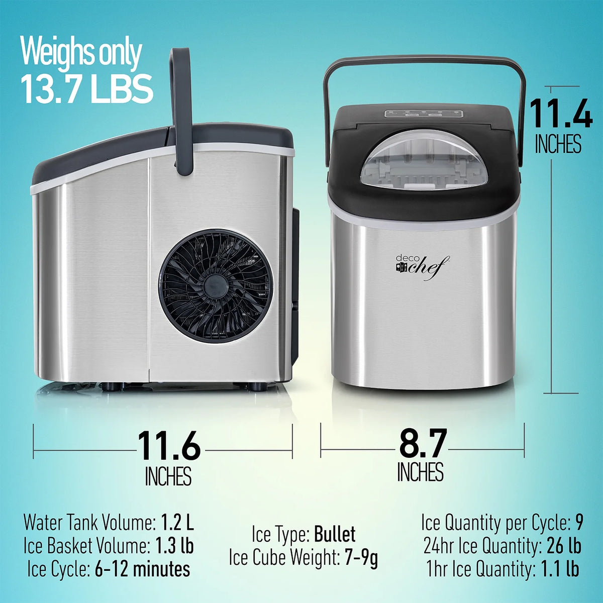 Deco Compact Countertop Ice Maker, 26LBs in 24HRs, 9 Bullet Ice Cubes Ready in 6 Minutes, Stainless Steel