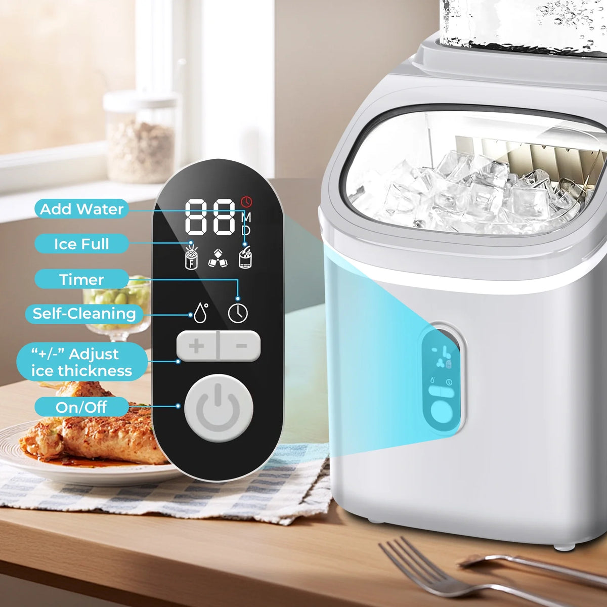 WAA Ice Maker with 1.5L Detachable Water Tank,33Lbs/24H Cube Ice,Timing Function,Self-Cleaning,Grey