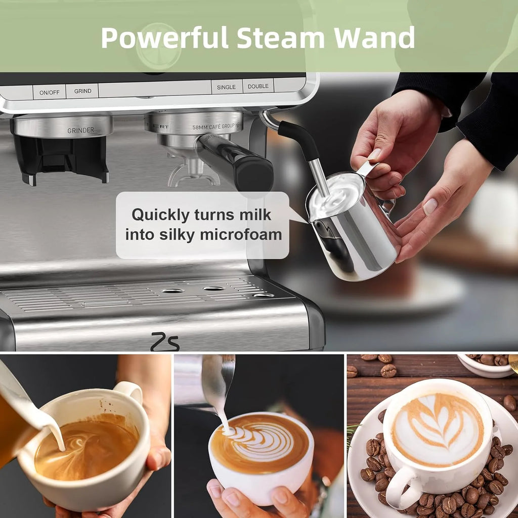 Espresso Coffee Machine with Grinder, 20 Bar Semi-Automatic Espresso Maker with Milk Frother Steamer Wand for Cappuccino, Latte, Macchiato, 2.8 L Water Tank, PID Temperature Control, Silver