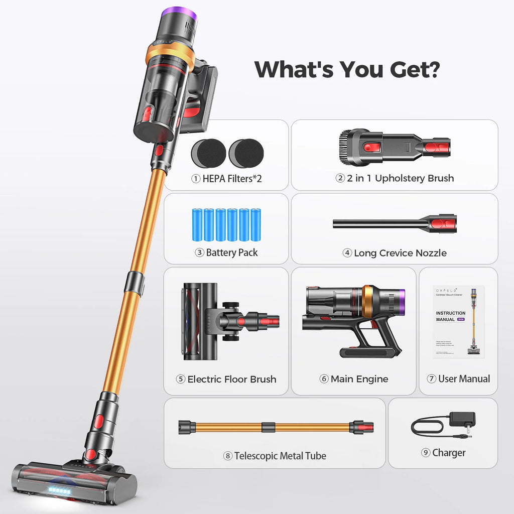 ORFELD Cordless Vacuum Cleaner with 2600mAh Detachable Battery, 45Kpa Powerful Stick Vacuum for Hard Floor Carpet Pet Gold, SV30