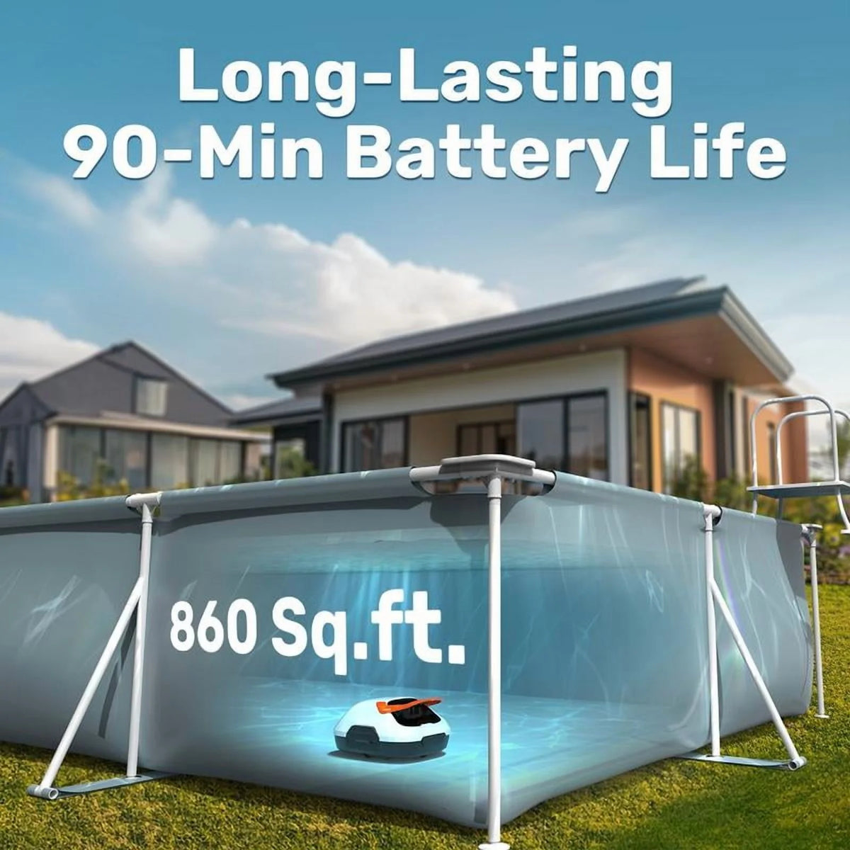 Cordless Robotic Pool Cleaner for Flat Bottom Above-Ground Pools, 90 Min Runtime, Automatic Vacuum, Portable, Self-Parking, up to 860 Sq.ft