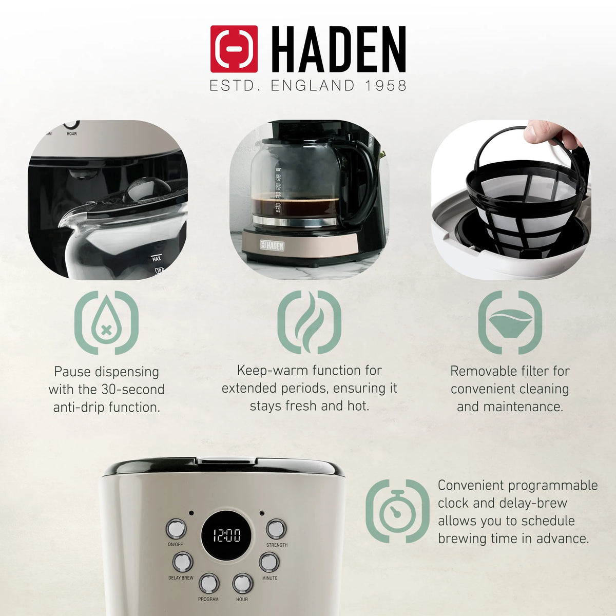 Haden 12 Cup Coffee Maker with 2 Slice Stainless Steel Bread Toaster, White