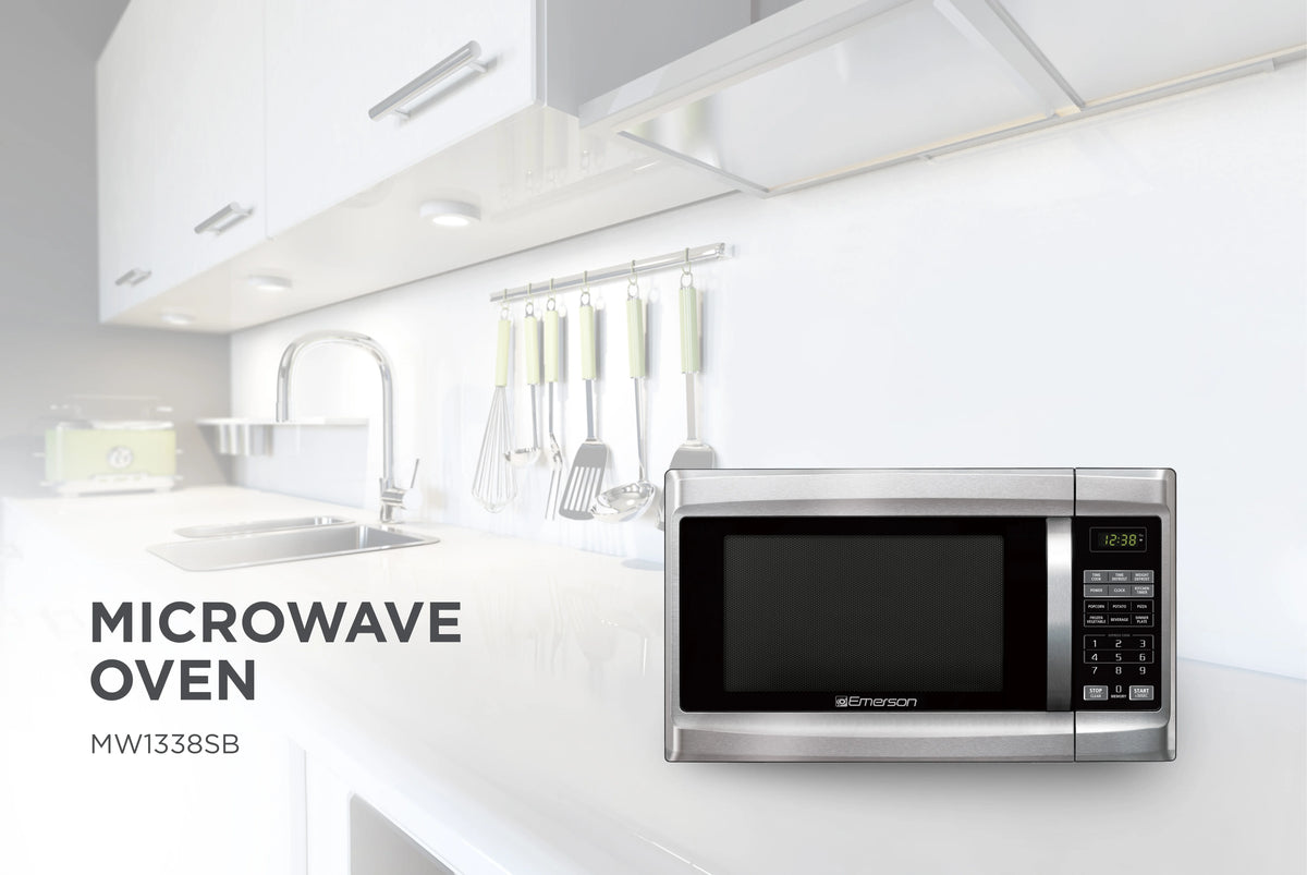 Emerson 1.3 Cu Ft 1000 Watt, Touch Control Microwave Oven, Stainless Steel/Black, MW1338SB