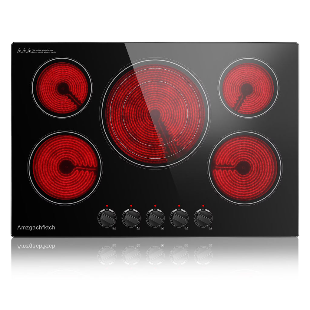 30in 5-Burner Built-In Electric Cooktop 9000W, Knob Control Ceramic Stove Easy Clean, No Radiation Family-Safe