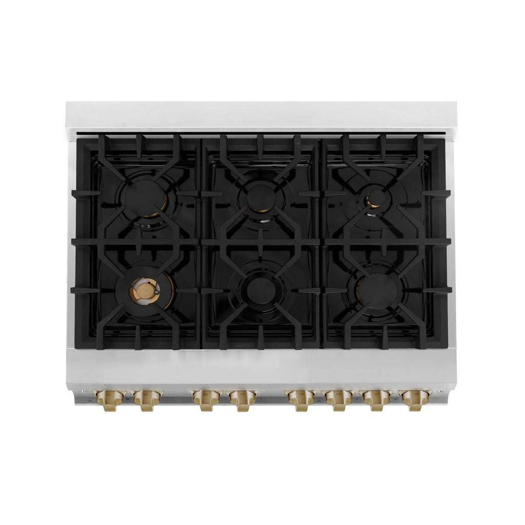 ZLINE 36 in. Autograph Edition Dual Fuel Range in Stainless Steel with White Matte Door and Champagne Bronze Accents (RAZ-WM-36-