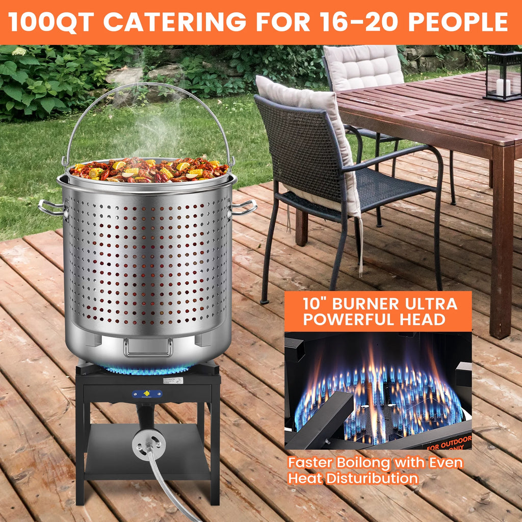 100QT Stainless Steel Seafood Boiling Kit, 200,000BTU Propane Stove for Outdoors Cooking, Large Stock pot w/Basket for Shrimp, Lobster, Crab Crawfish, Turkey Deep Fryer, Seafood Boil Pot