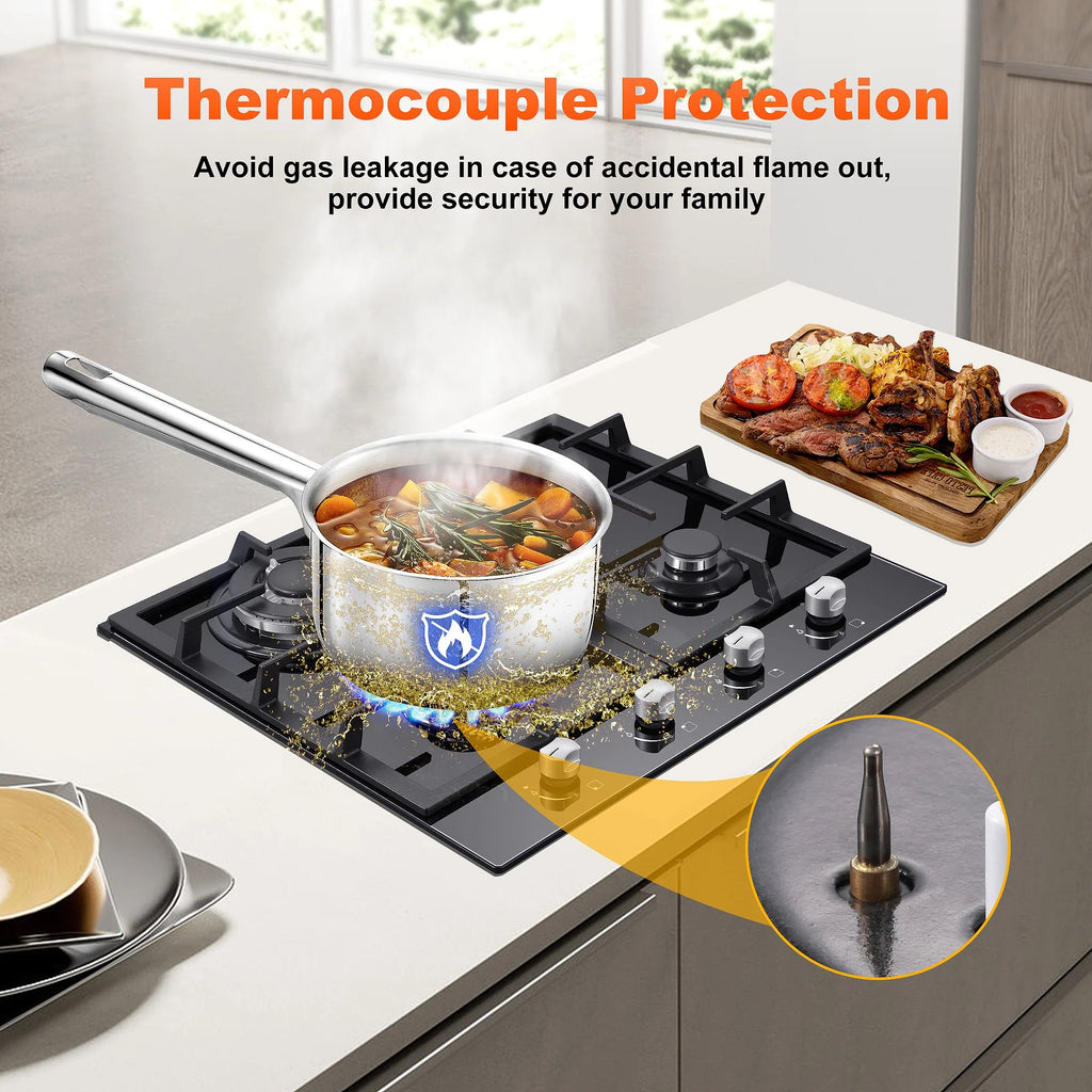 Amzgachfktch 4 Burners 24 inch Gas Cooktop Stainless Tempered Glass Natural Gas/LPG Convertible