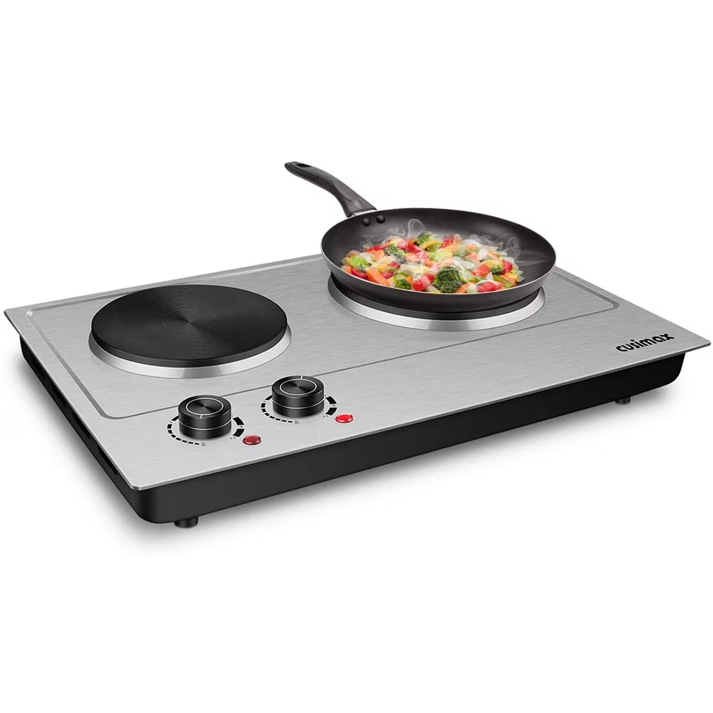 CUSIMAX 1800W Portable Double Burner Hot Plate �?Stainless Steel Countertop Electric Cooktop with Dual Cast Iron Heating Plates, Easy-to-Clean Silver Design, Upgraded Version