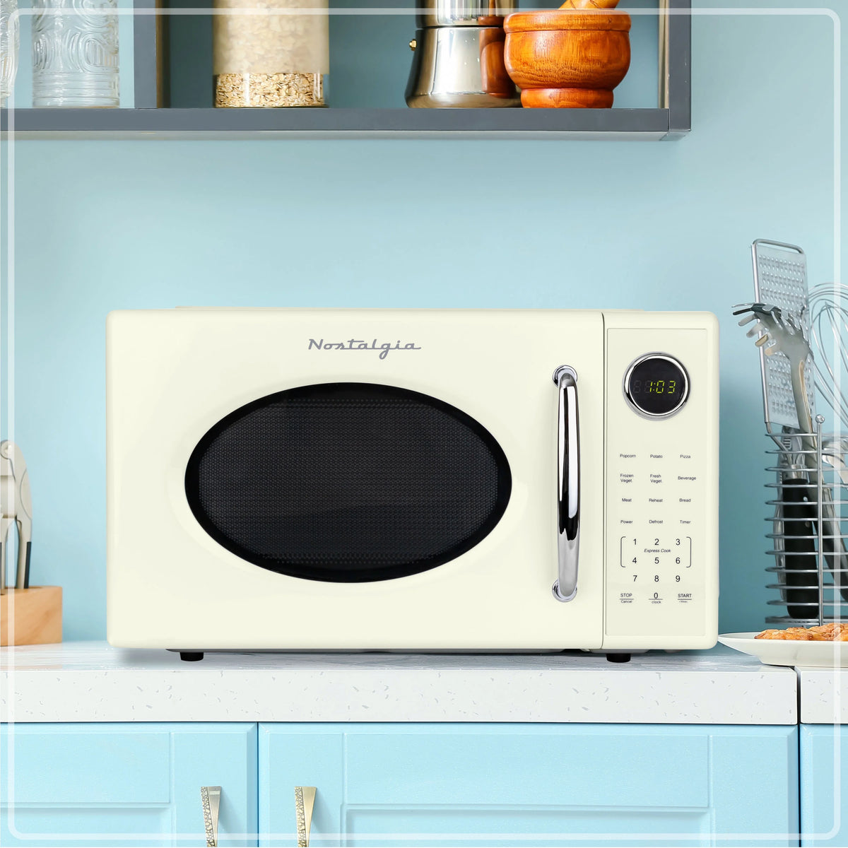 Nostalgia Retro Microwave Oven - 1.1 Cu Ft & 1000-Watt Countertop Size with Glass Turntable, Child Safety Lock, 8 Auto-Cook Programs & Digital Clock - Black