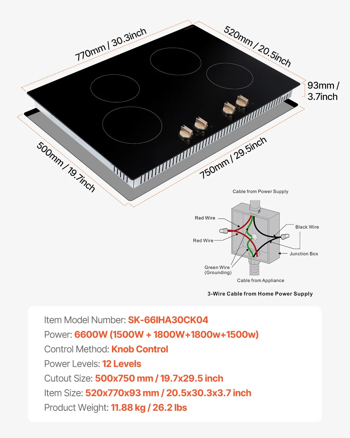KFFKFF Induction Stove, 6600W 5 Burner Built-in Electric Cooktops, with Knob Control, 12 Heat Settings, Glass Top, Automatic Power Off