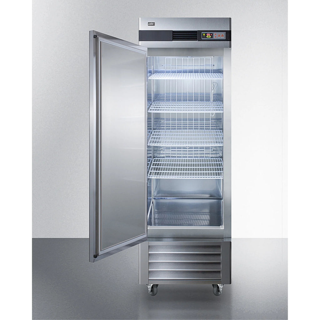 Commercially approved frost-free reach-in freezer in complete stainless steel, left hand door swing