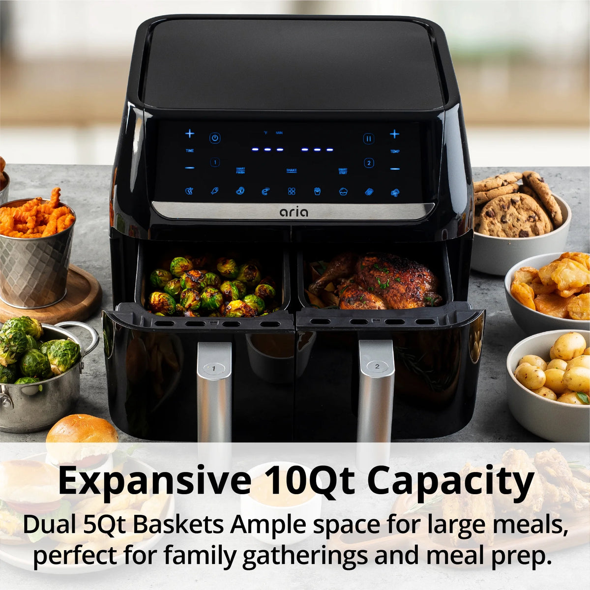 Aria 10 qt 2-Basket Air Fryer, Black - Smart Sync Mode