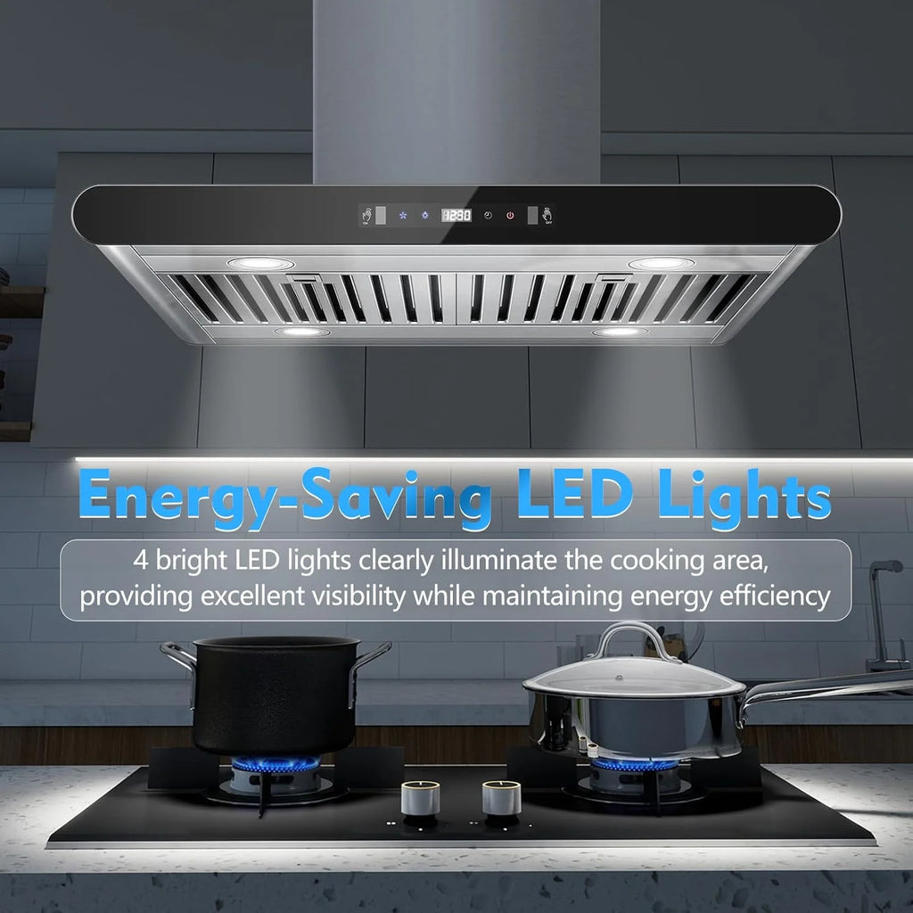 Island Range Hood 30 Inch 700 CFM kitchen Hood with Dual-Sided Touch Gesture Remote Control Ceiling Mount Convertible Ducted/Ductless 3-Speed Fan 3 Stainless Steel Baffle Filters