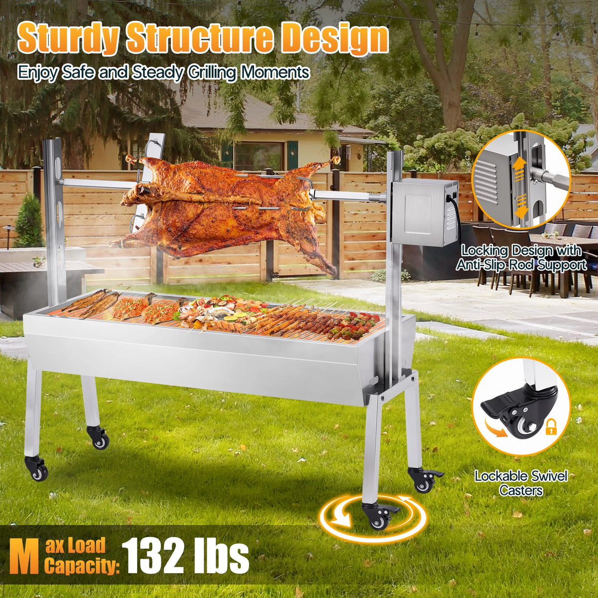 LUXOAK Electric BBQ Rotisserie Grill Kit, 46" 132 Lbs Capacity, 45W Motor, Height-Adjustable Stainless Steel Pig Roaster with Triangular Stability Support Stand for Pig Lamb
