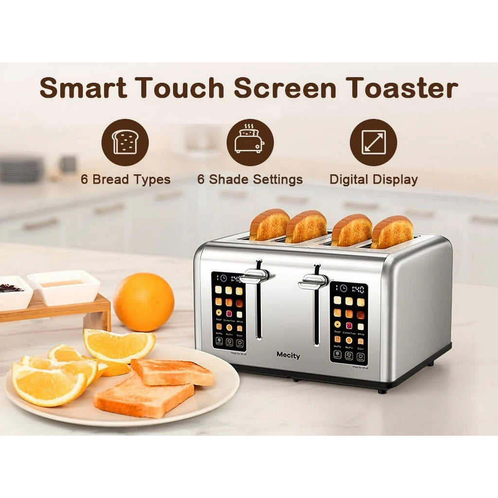 Mecity 4-Slice Touchscreen Toaster, Stainless Steel, 6 Browning Settings, Reheat, Cancel, Defrost, Removable Tray