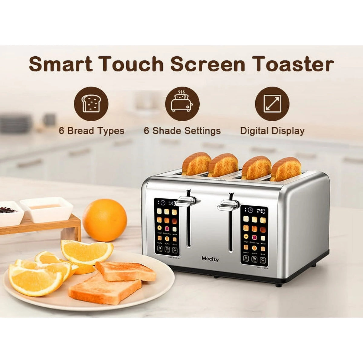 Mecity 4-Slice Touchscreen Toaster, Stainless Steel, 6 Browning Settings, Reheat, Cancel, Defrost, Removable Tray