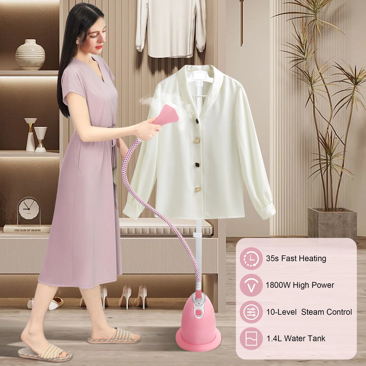 BEAMNOVA Standing Garment Steamer for Clothes, Professional for Home and Business Use Full-Size Clothing Steamer with Hanger & Ironing Board, Pink