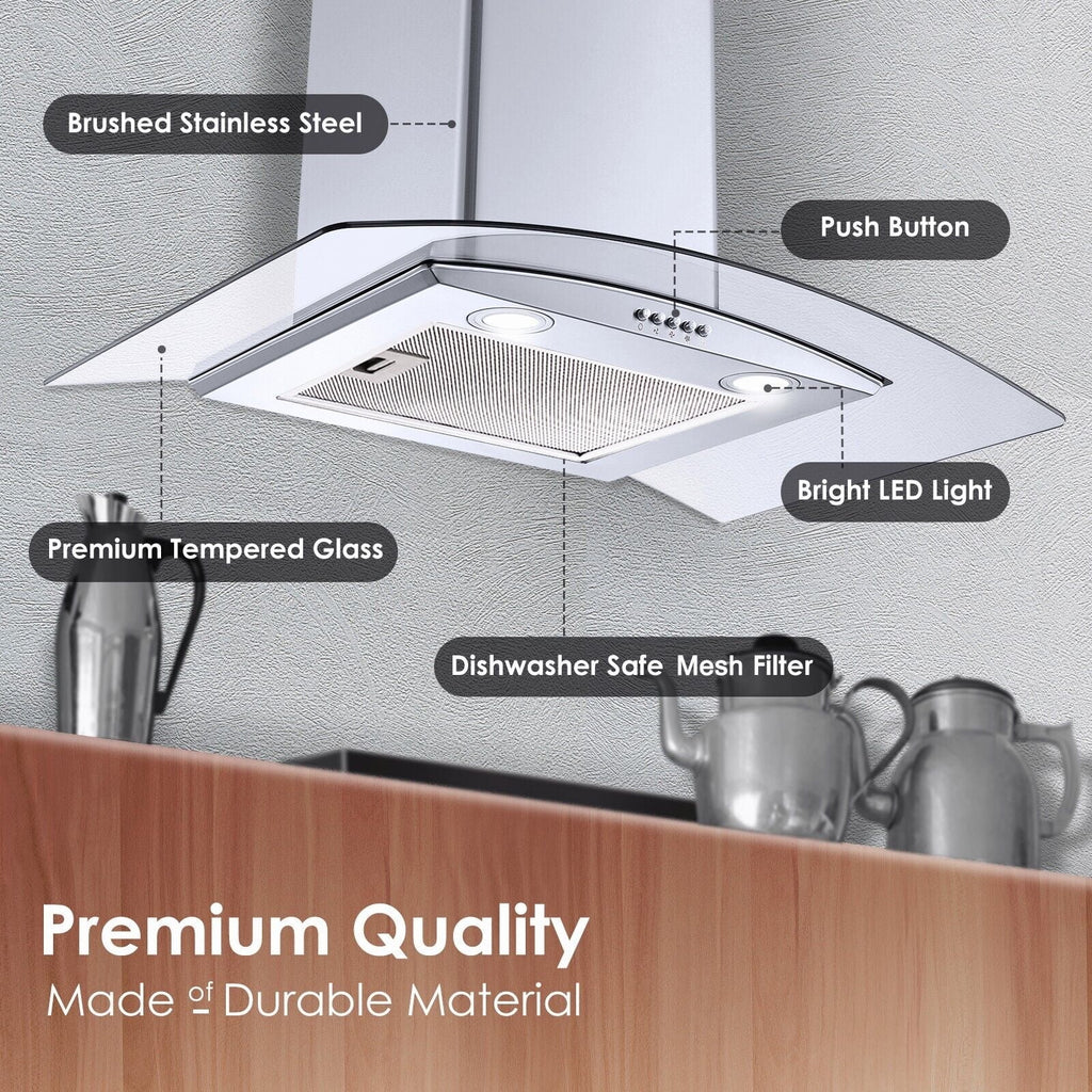 30 inch Kitchen Stainless Wall Mount Range Hood 450CFM Stainless 3-Speed with Led Bulb Dishwasher Filter For Burner 120V