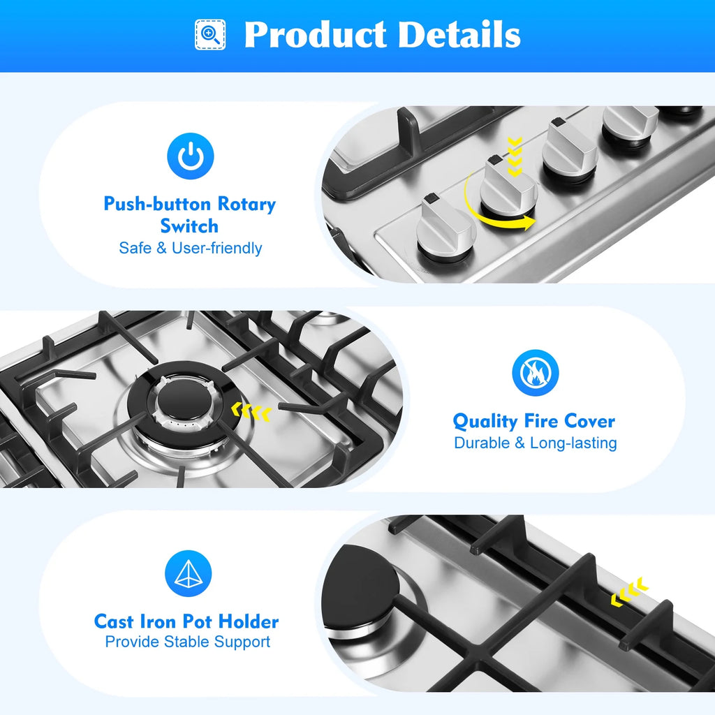 Stainless Steel 5-Burner Stove, Top Built-In Gas Propane Cooktop Stove for Restaurants