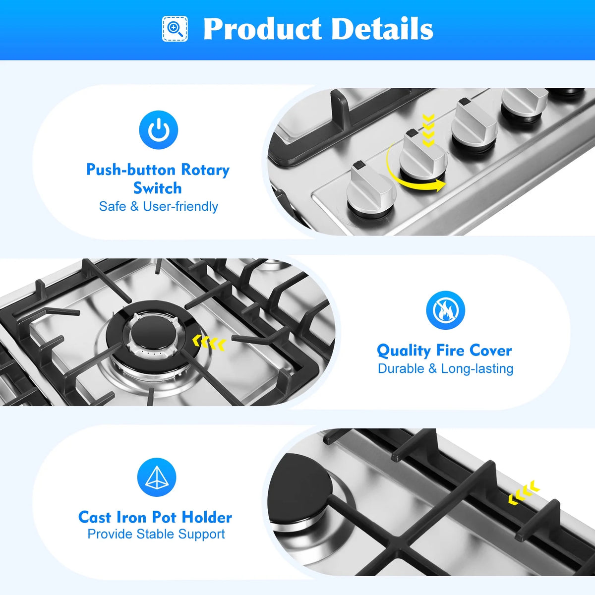 Stainless Steel 5-Burner Stove, Top Built-In Gas Propane Cooktop Stove for Restaurants