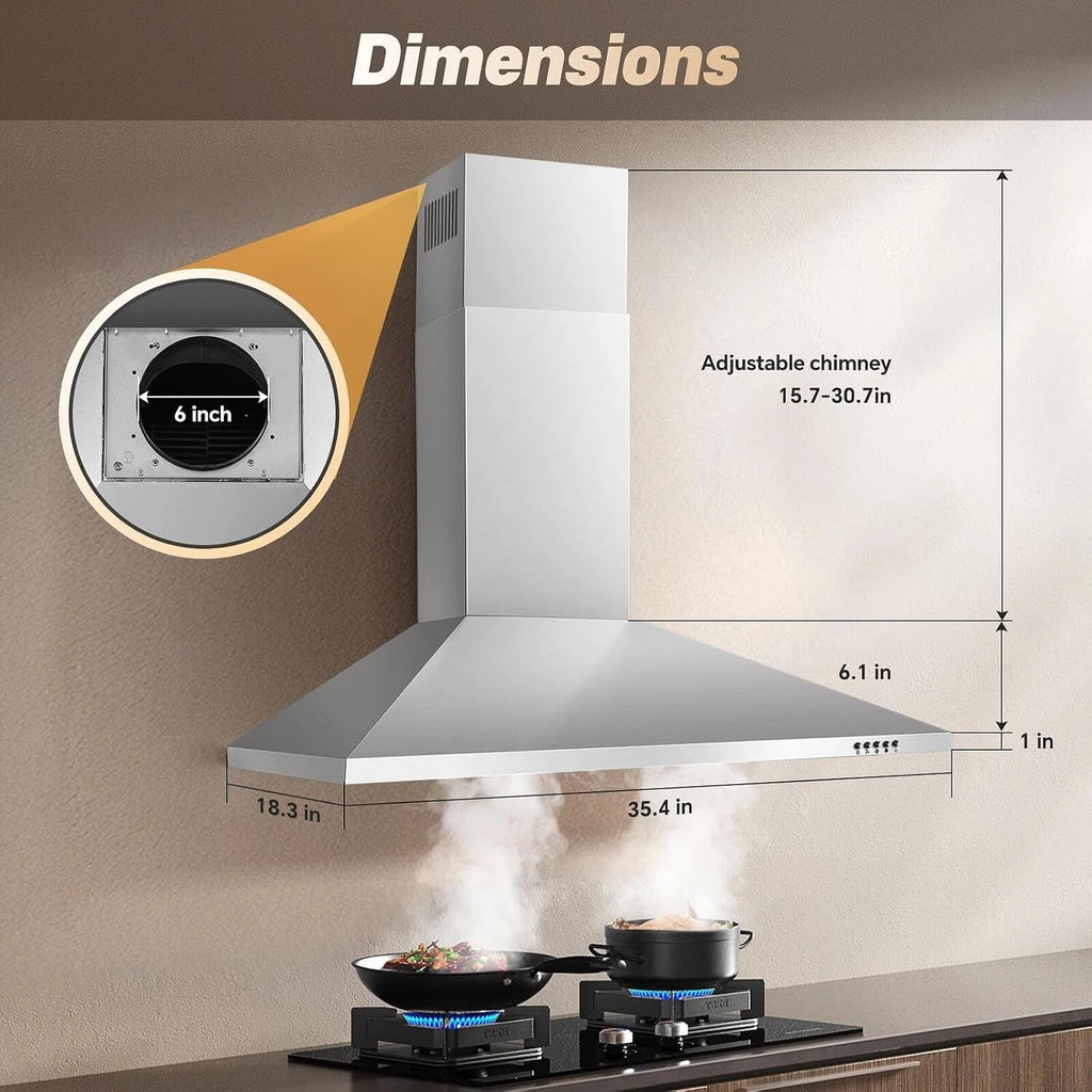 36 Inch Range Hood 450CFM Wall Mount Stainless Steel Kitchen Vent Hood Fan 3 Speed LED Light Chimney Hood Retractable