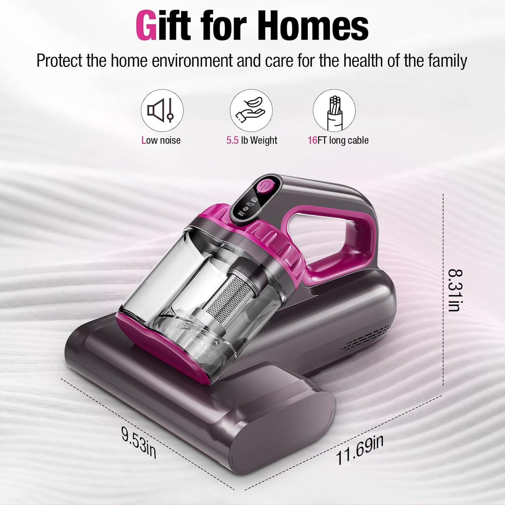 Mattress Vacuum Cleaner, 17Kpa 650W Bed Vacuum with 273nm -C Light & 145 �� F Heating, 80000 RPM Brushroll for Pillows, Cribs, Sofa - Black Corded