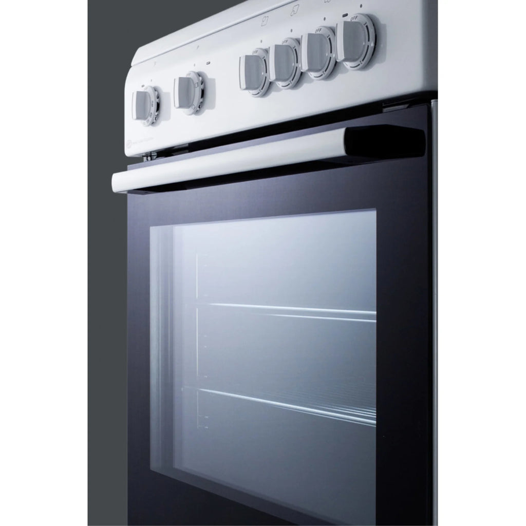 24" wide smooth top electric range in slide-in style and white finish, with storage drawer and large oven window in black glass