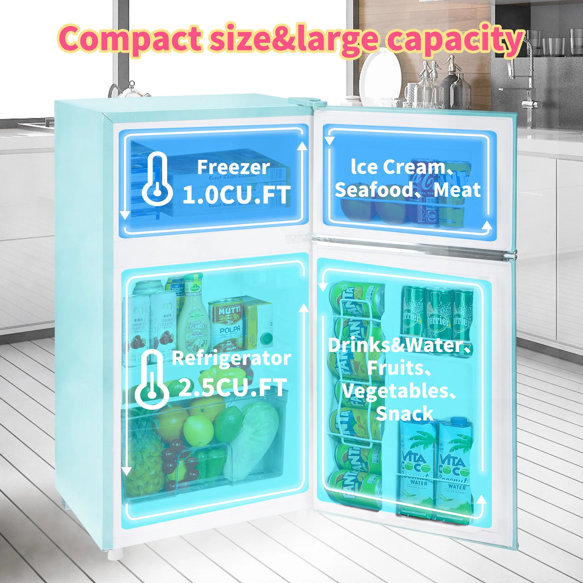 Mini Refrigerator with Double Door/3.5Cu.ft/Freezer,for Gameroom/Bedroom/Apartment/Dorm,Blue