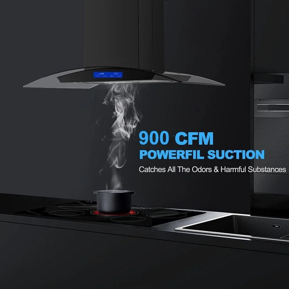 Joeaonz 30-Inch Island Range Hood 900CFM Stainless Steel with Glass Touch Control and Permanent Reusable Filters