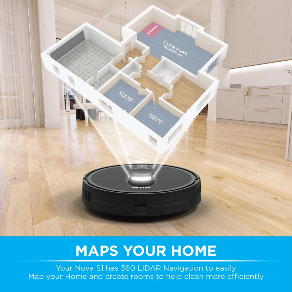 iHome AutoVac Nova S1 Robot Vacuum with LIDAR Navigation, 150 Min Runtime, 2700pa Suction, New