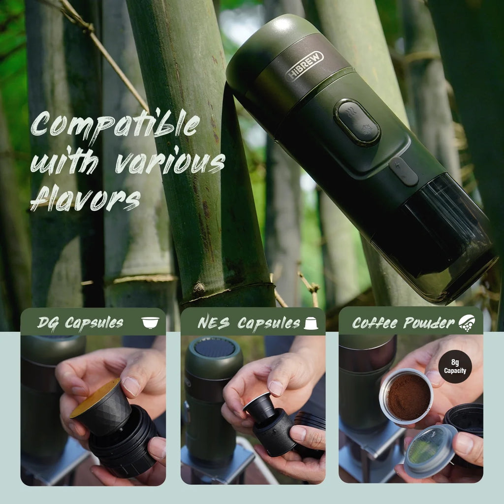 HiBREW H4B Portable Espresso Maker, Travel Coffee Machine for Car & Home, Fit Nes*/DG*/Pods/Ground Coffee