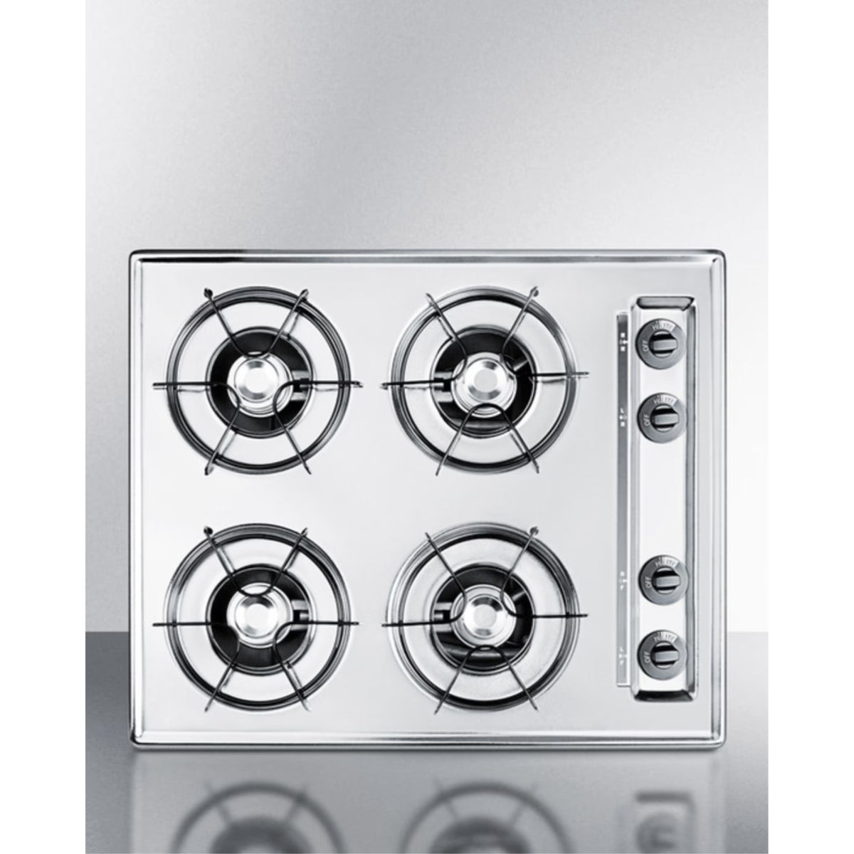 24" wide open burner gas cooktop in brushed chrome with battery start ignition