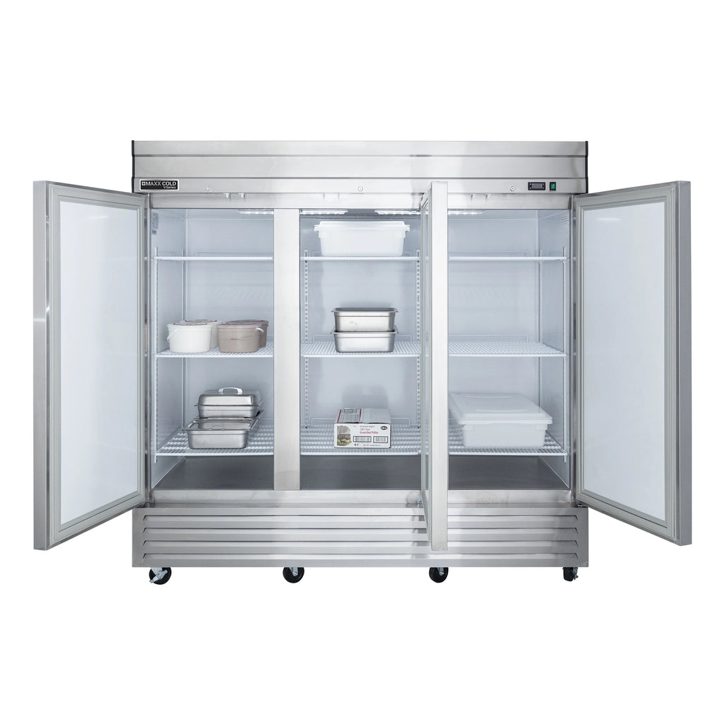 Maxx Cold V-Series 3 Door Reach-In Freezer, Bottom Mount, 81"W, 65 cu. ft. Storage Capacity, in Stainless Steel (MVF-72FDHC)