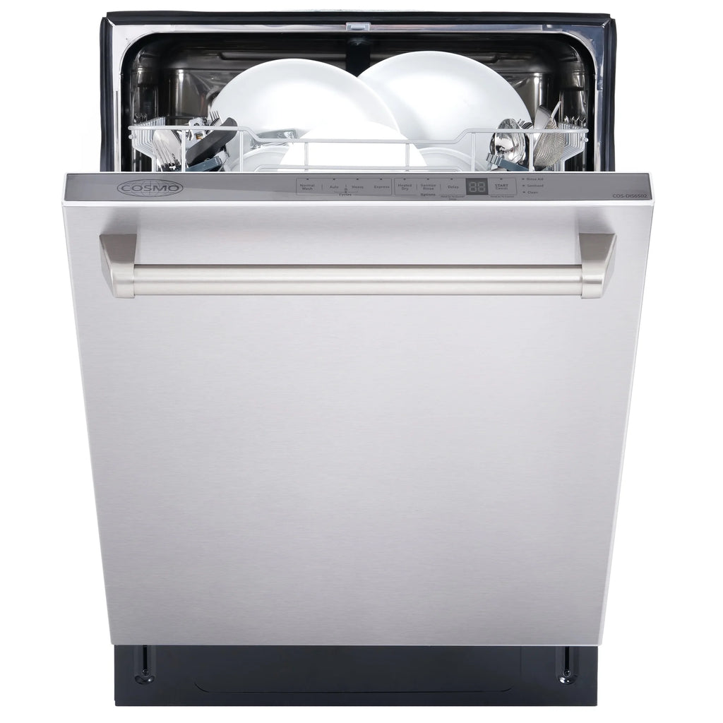 Cosmo 3 Piece Kitchen Appliance Packages with 36" Freestanding Gas Range Kitchen Stove 24" Built-in Fully Integrated Dishwasher & 48 Bottle Freestanding Wine Refrigerator Kitchen Appliance Bundles